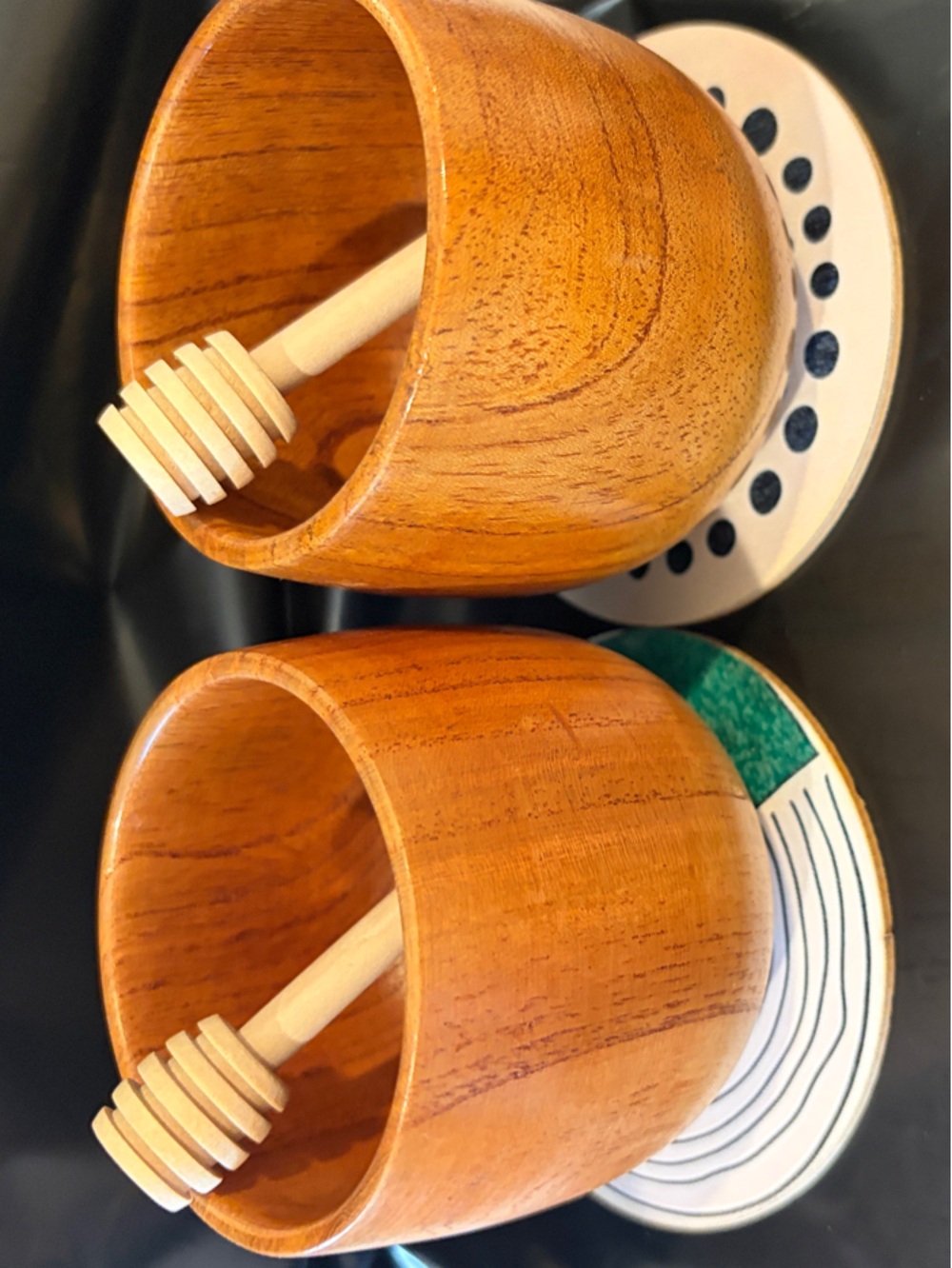 Natural Brown Wooden Water cup with Honey Dipper and Fun Wooden Coaster.Set of 2